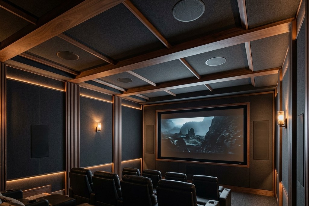 Conceptual private cinema with in-ceiling speakers set into a coffered walnut ceiling, screen-flanking speakers behind fabric, and tiered seating.