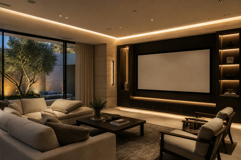 Conceptual Dubai villa living room with a sofa, coffee table, large blank display, dark walnut joinery, travertine and a planted courtyard beyond the windows.