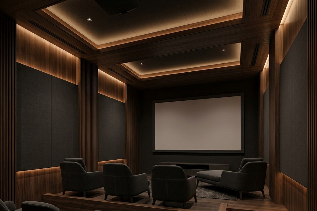 Conceptual private cinema interior with a blank screen, dark walnut ceiling coffer, concealed cove lighting and charcoal acoustic wall panels.