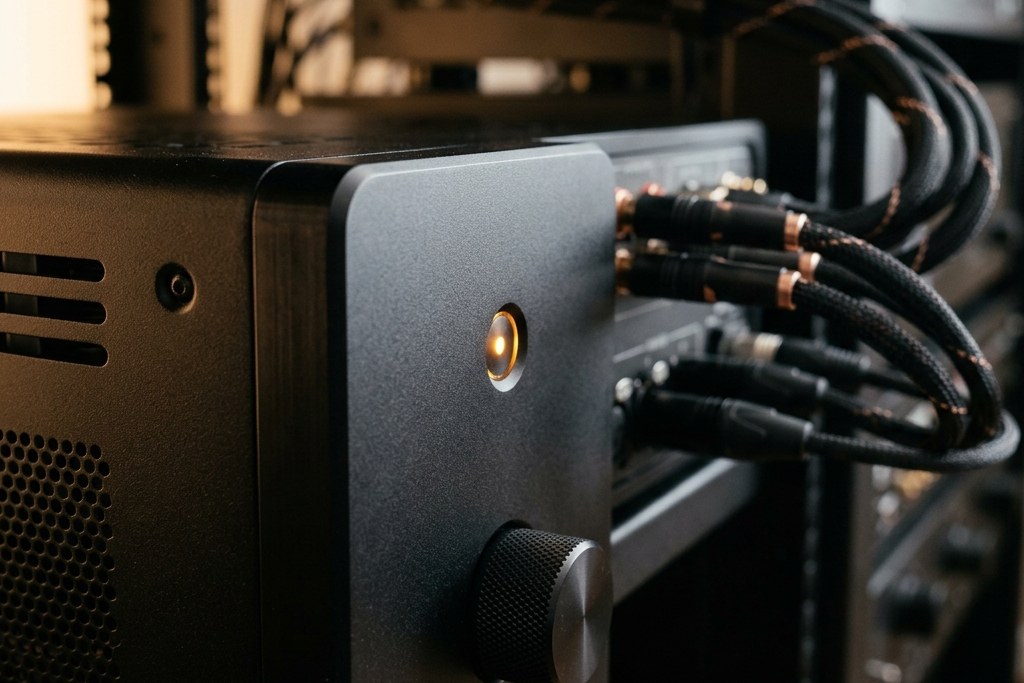 Close conceptual study of a dark AV component with braided interconnects entering its connection panel inside an equipment rack.