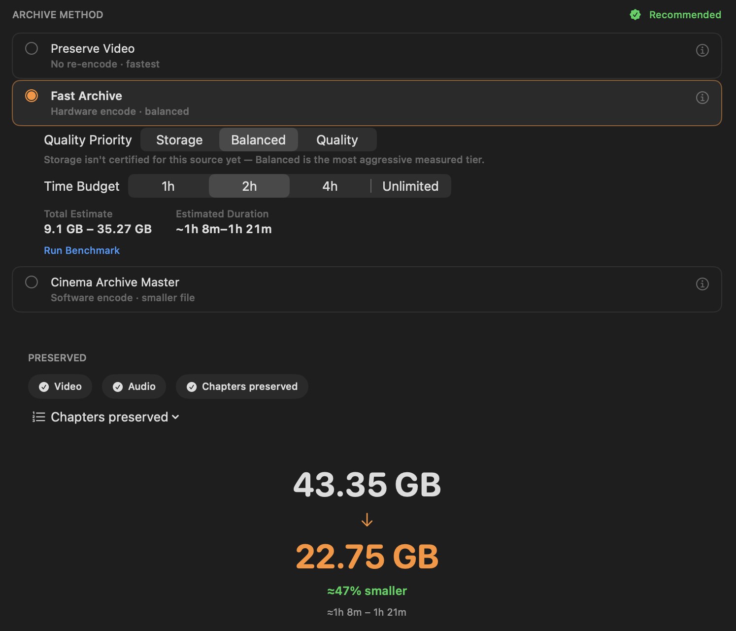 Build 18 Forge Fast Archive for Ustad Hotel (2012): Balanced quality priority, a two-hour time budget, a total estimate of 9.1 GB to 35.27 GB, and Forge's estimate of 43.35 GB to about 22.75 GB, roughly 47 percent smaller.