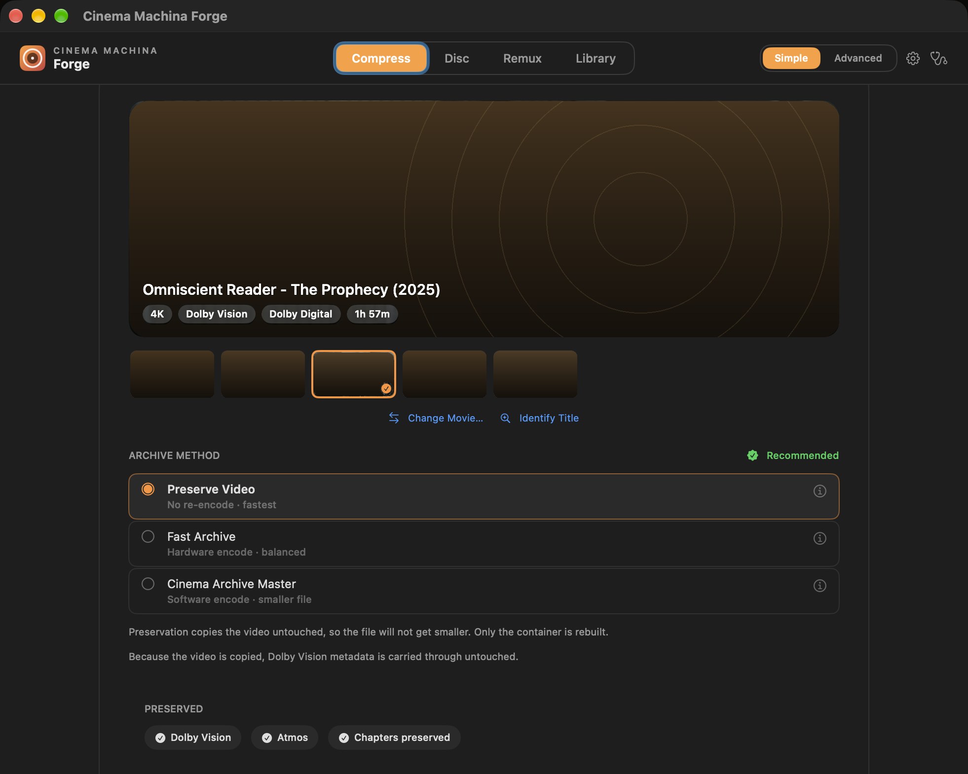 Build 18 Cinema Machina Forge Compress view for Omniscient Reader - The Prophecy (2025), 4K Dolby Vision, with Preserve Video selected. The film frame is replaced by a neutral field.