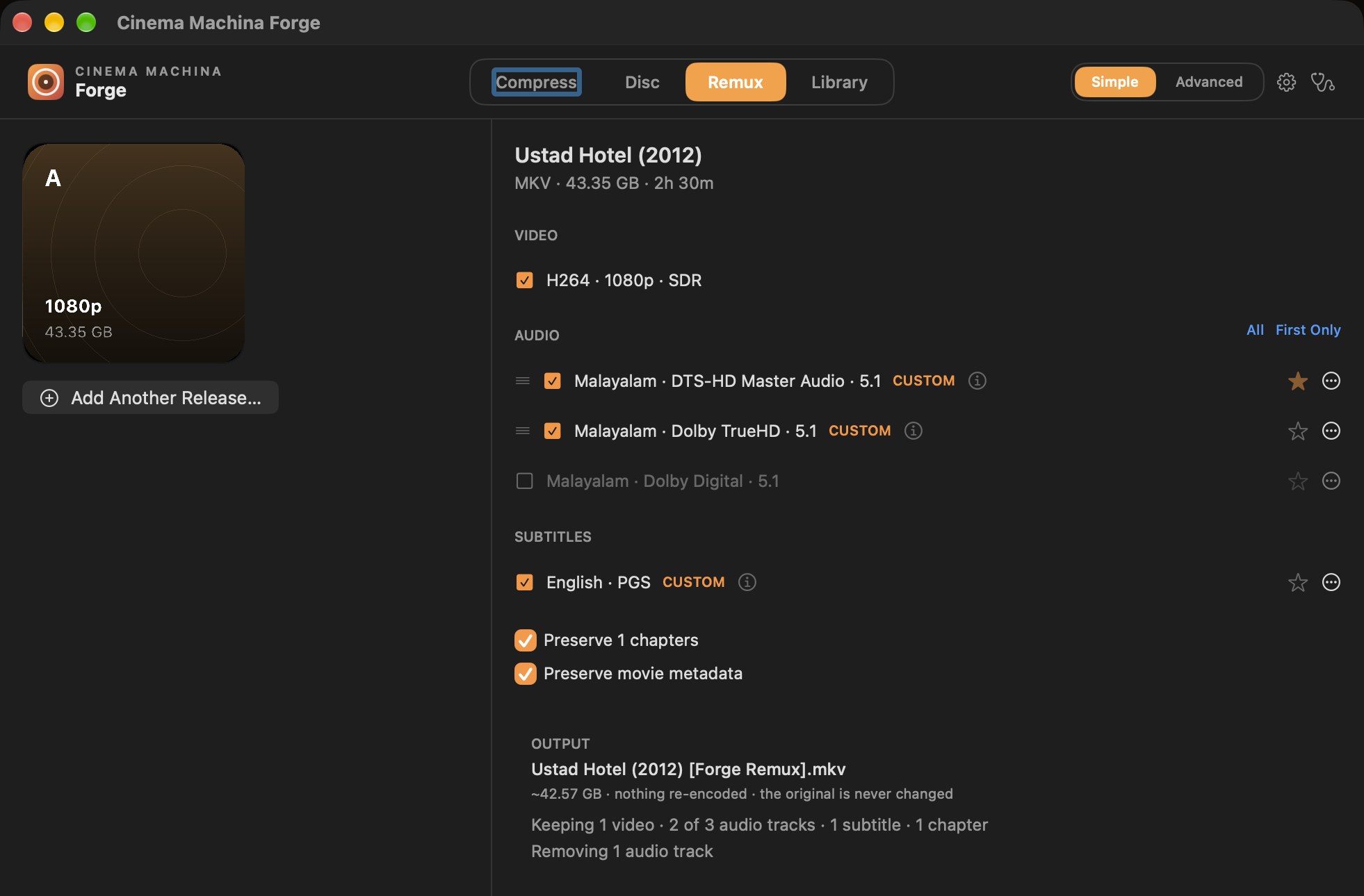 Build 18 Forge Remux view for Ustad Hotel (2012): H.264 1080p video, with DTS-HD Master Audio and Dolby TrueHD selected, Dolby Digital left out, an English PGS subtitle selected and 1 chapter kept.