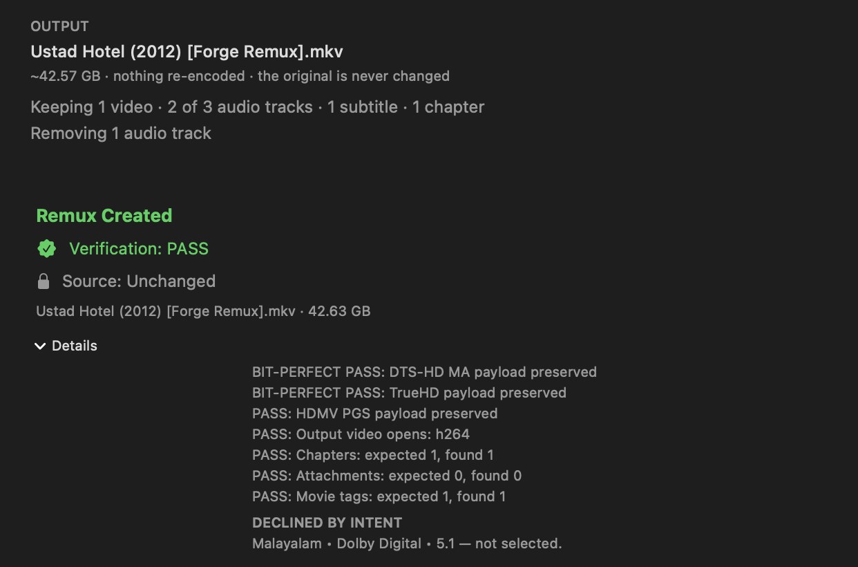 Build 18 Forge result for a completed Remux of Ustad Hotel (2012): Verification PASS, source unchanged, bit-perfect passes for DTS-HD MA and TrueHD, PGS preserved, chapters expected 1 found 1, and Dolby Digital listed as declined by intent.