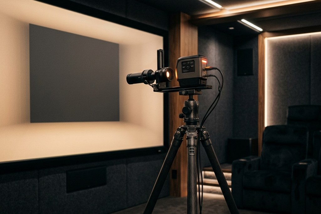 Conceptual private cinema with a display measurement sensor on a tripod facing a screen showing a neutral grey test field.