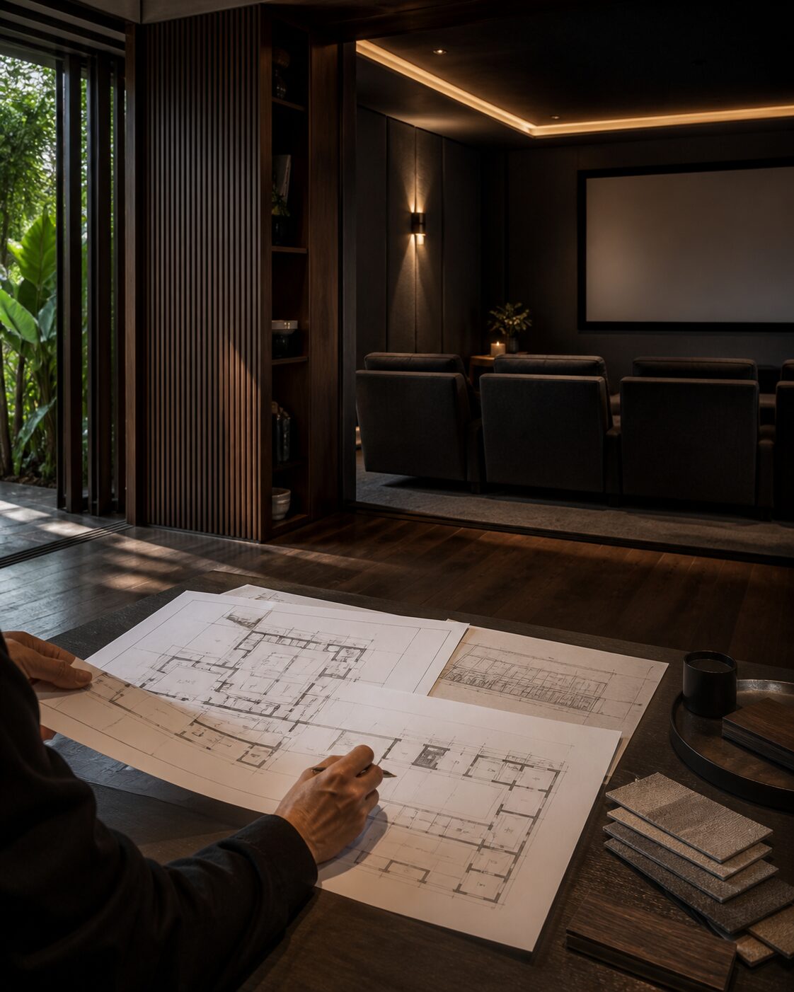 Conceptual Kerala home cinema planning scene with room drawings, material samples and a blank-screen private cinema beyond.