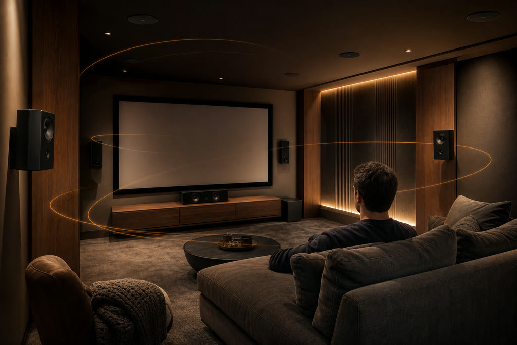 Conceptual private cinema viewed from behind a listener with ear-level and ceiling speakers and a restrained bronze spatial trajectory.