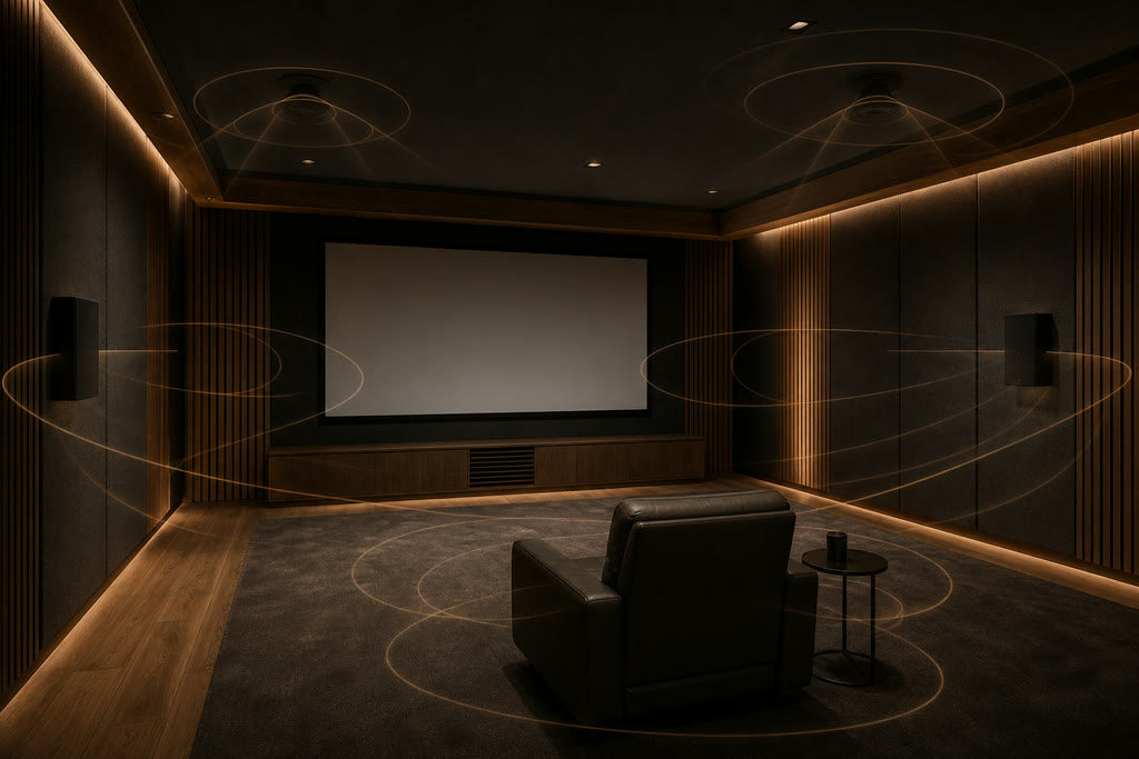 Dark private cinema in walnut and charcoal with a single seat facing the screen, wall-mounted surround speakers and two ceiling speakers, overlaid with fine bronze contours tracing sound around and above the listening position.
