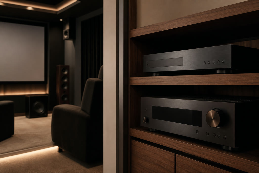 Conceptual home cinema playback rack with generic AV components beside a blank-screen cinema room.