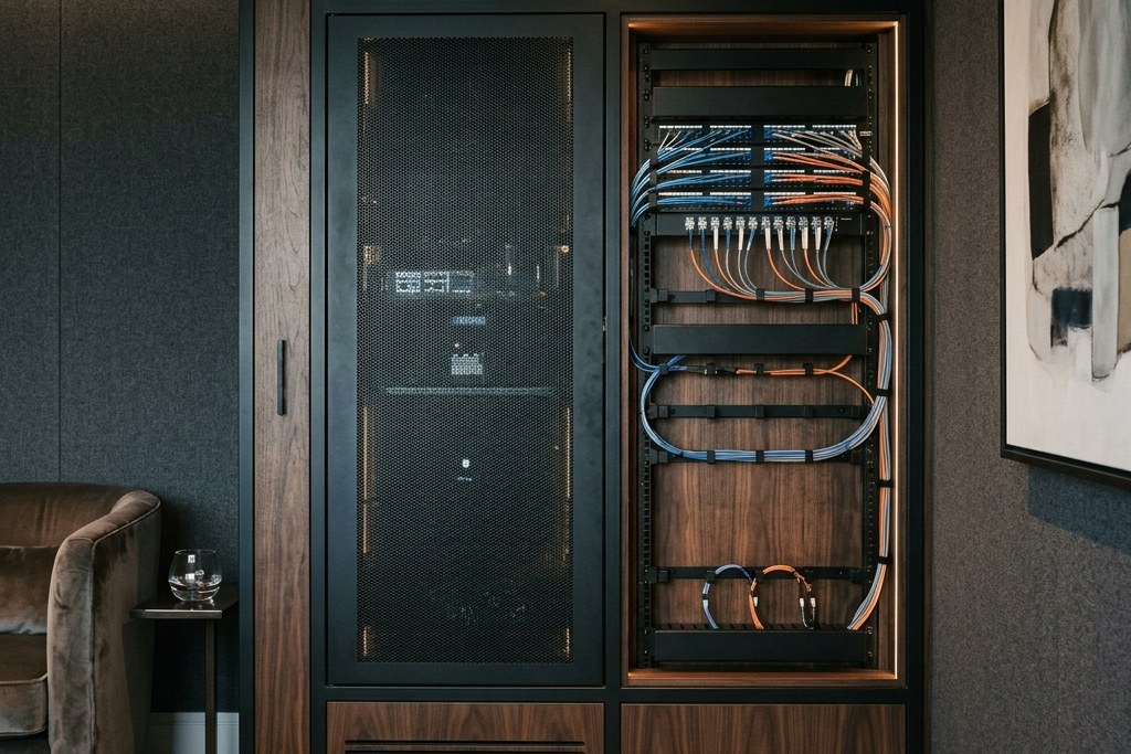 Conceptual residential media cabinet with a ventilated equipment rack behind a mesh door and an adjacent patch panel with dressed structured cabling.