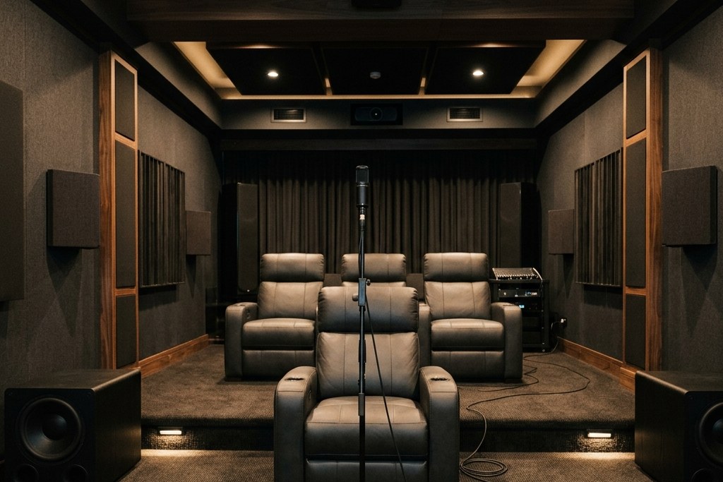 Conceptual private cinema during measurement, with an audio measurement setup on a stand at the primary listening seat, subwoofers at the front corners and acoustic treatment on the walls.