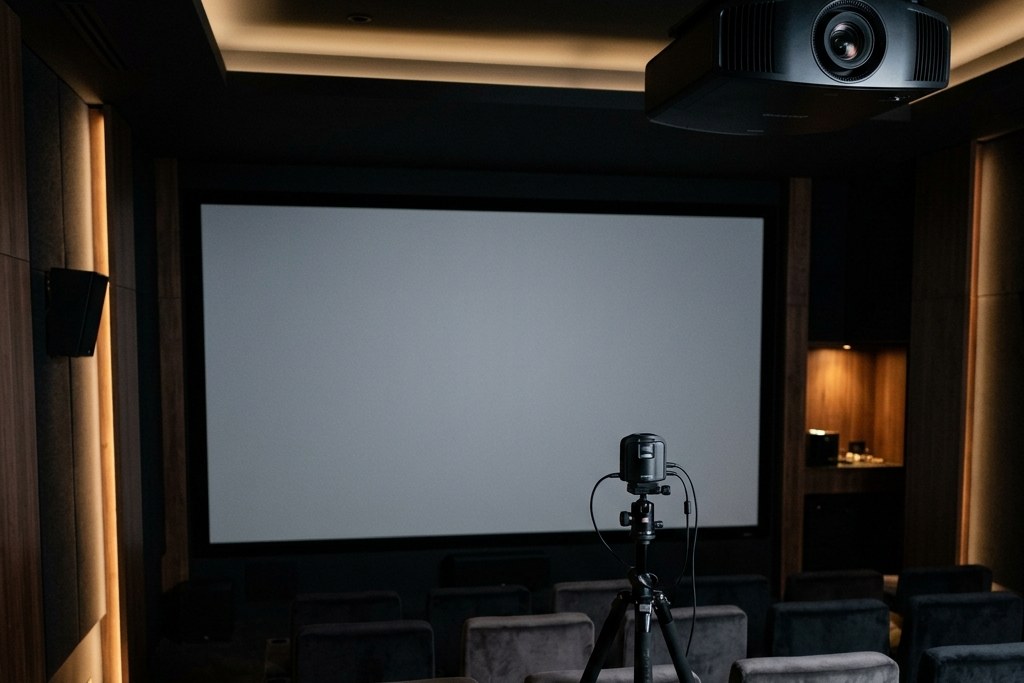Conceptual private cinema with a ceiling-mounted projector, a screen showing a neutral grey field, and a measurement sensor on a tripod at seat height.