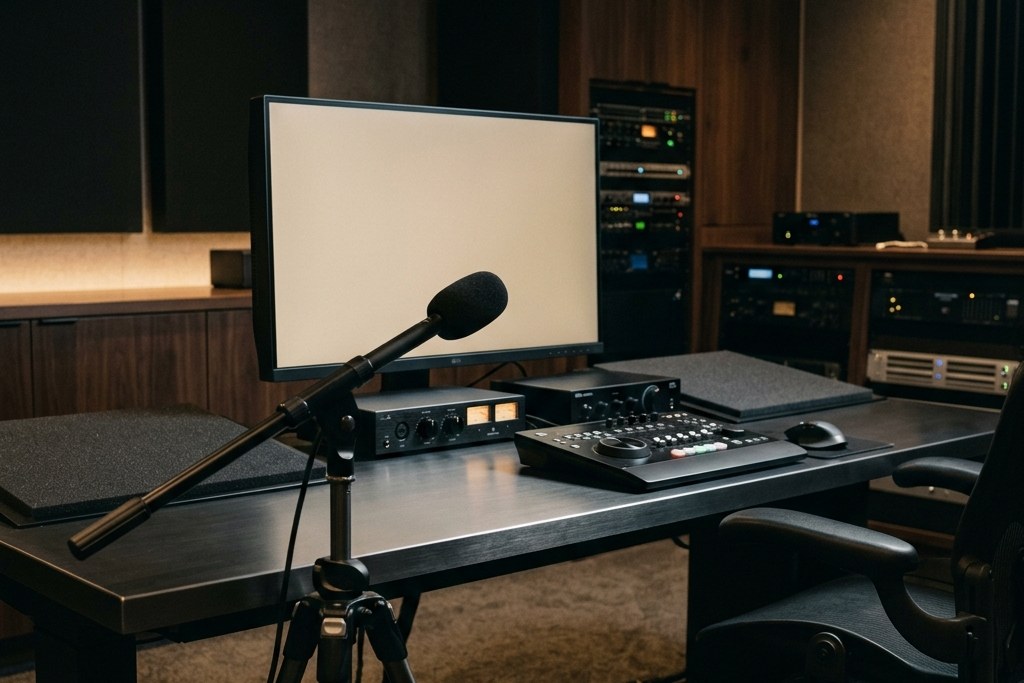 Conceptual reference studio with a monitoring desk, blank display, control surface, equipment rack and acoustic wall panels.