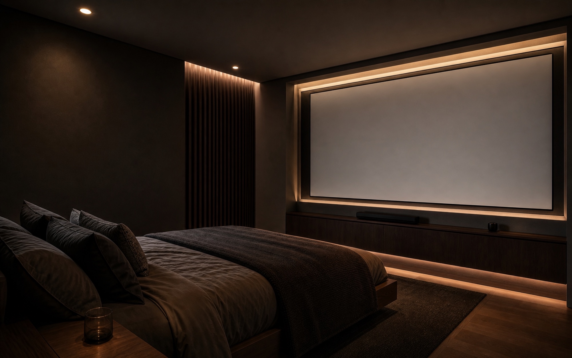 Conceptual contemporary bedroom at night with a discreet integrated cinema display and concealed audio.