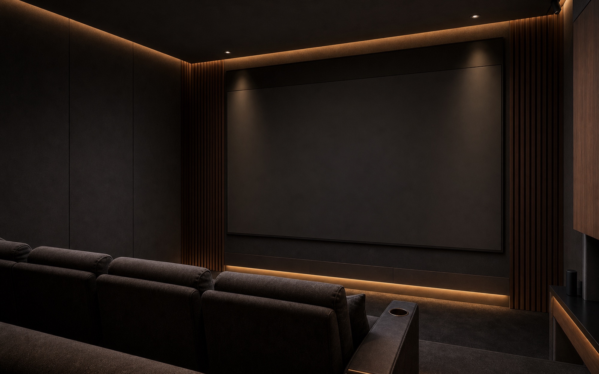 Conceptual dedicated private cinema with tiered seating, an integrated screen wall and restrained warm lighting.