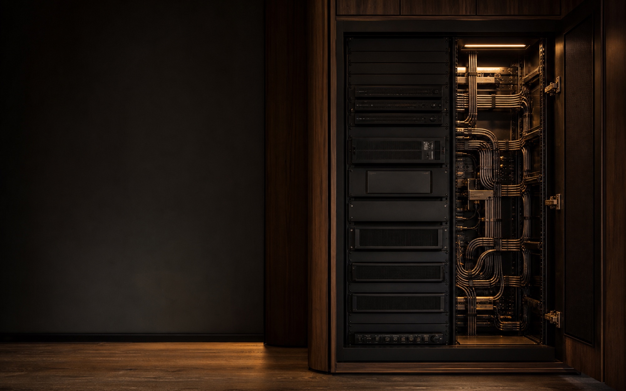 Conceptual home cinema equipment rack with orderly cabling and restrained status lights.