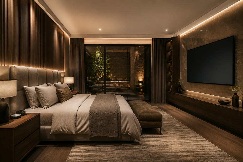 Conceptual contemporary bedroom with an upholstered bed, bedside furniture and a large blank display integrated into the wall opposite the bed.
