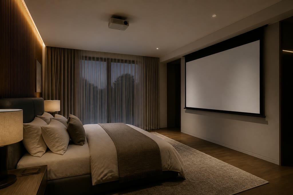 Conceptual bedroom with a visible ceiling-mounted projector aligned to a motorized screen lowered opposite the bed.