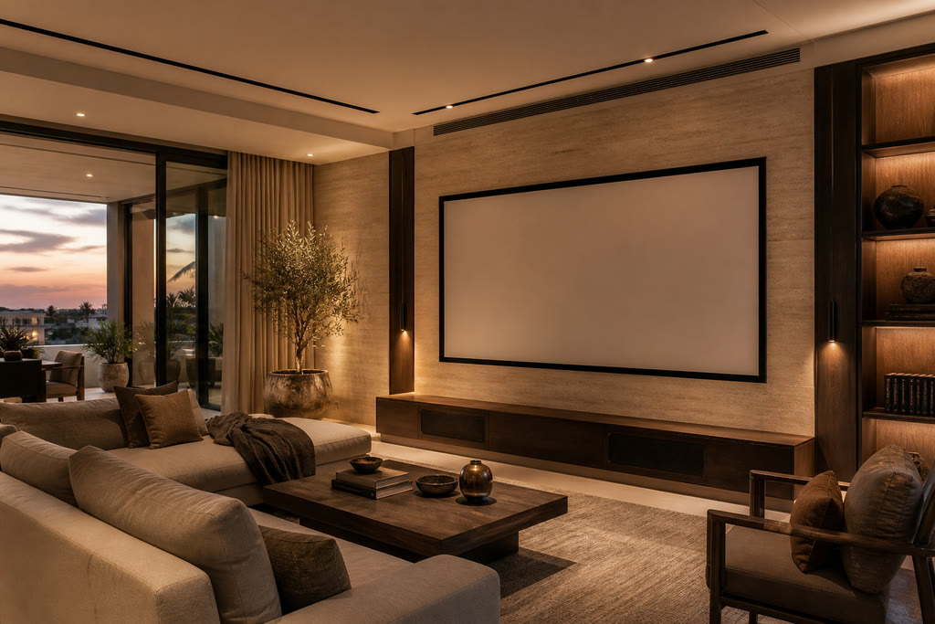 Conceptual family media room with a sofa, coffee table, large display, integrated front audio and residential windows.
