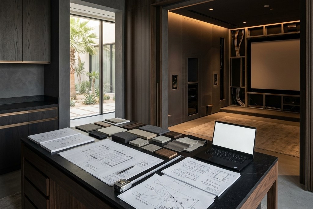 Conceptual planning table in a UAE villa with room drawings, sightline sections and material samples, and an unfinished private cinema with a blank screen and pre-wired equipment bays beyond.