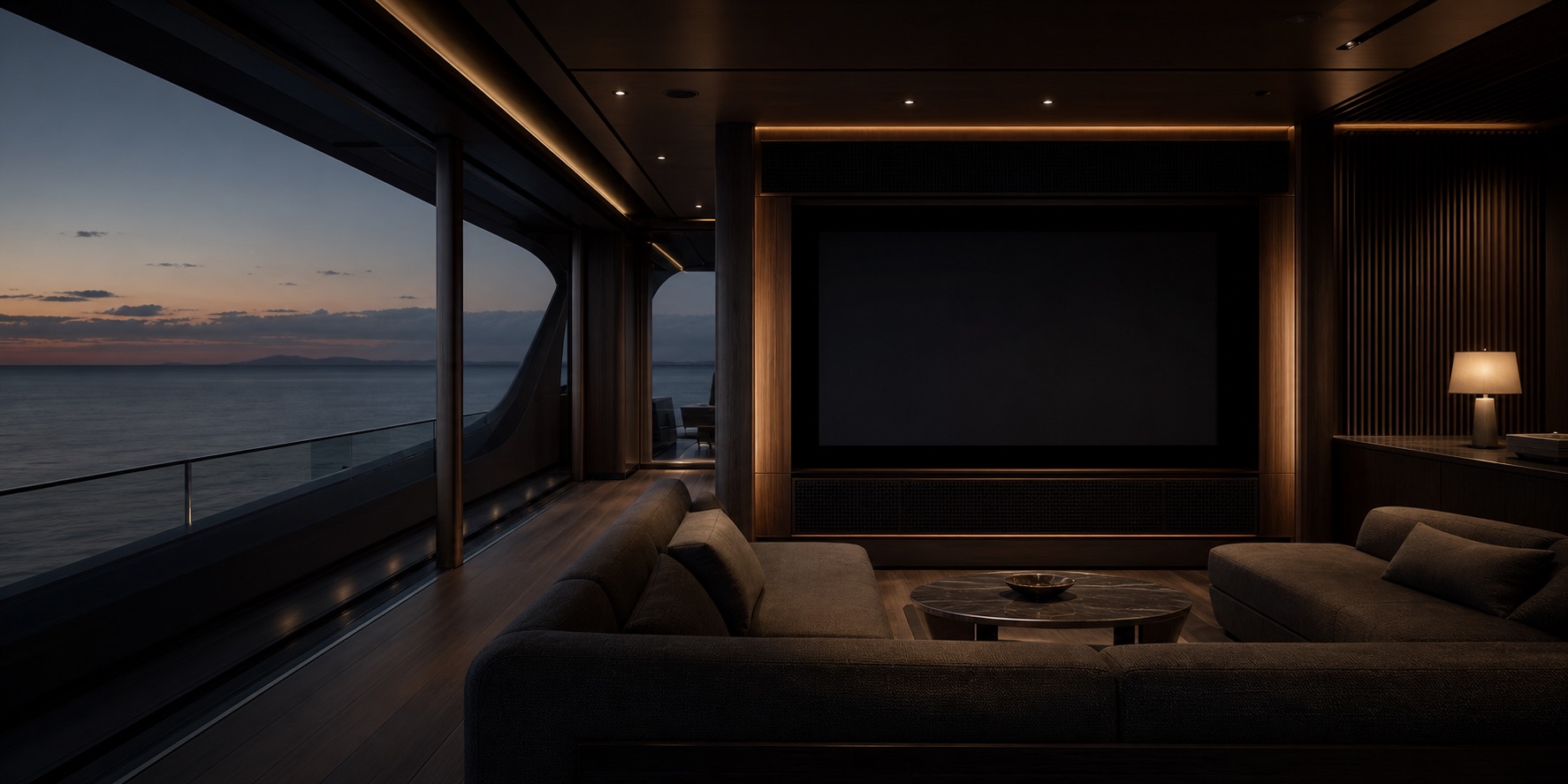 Conceptual yacht salon at dusk with sea views, amber lighting, and dark display