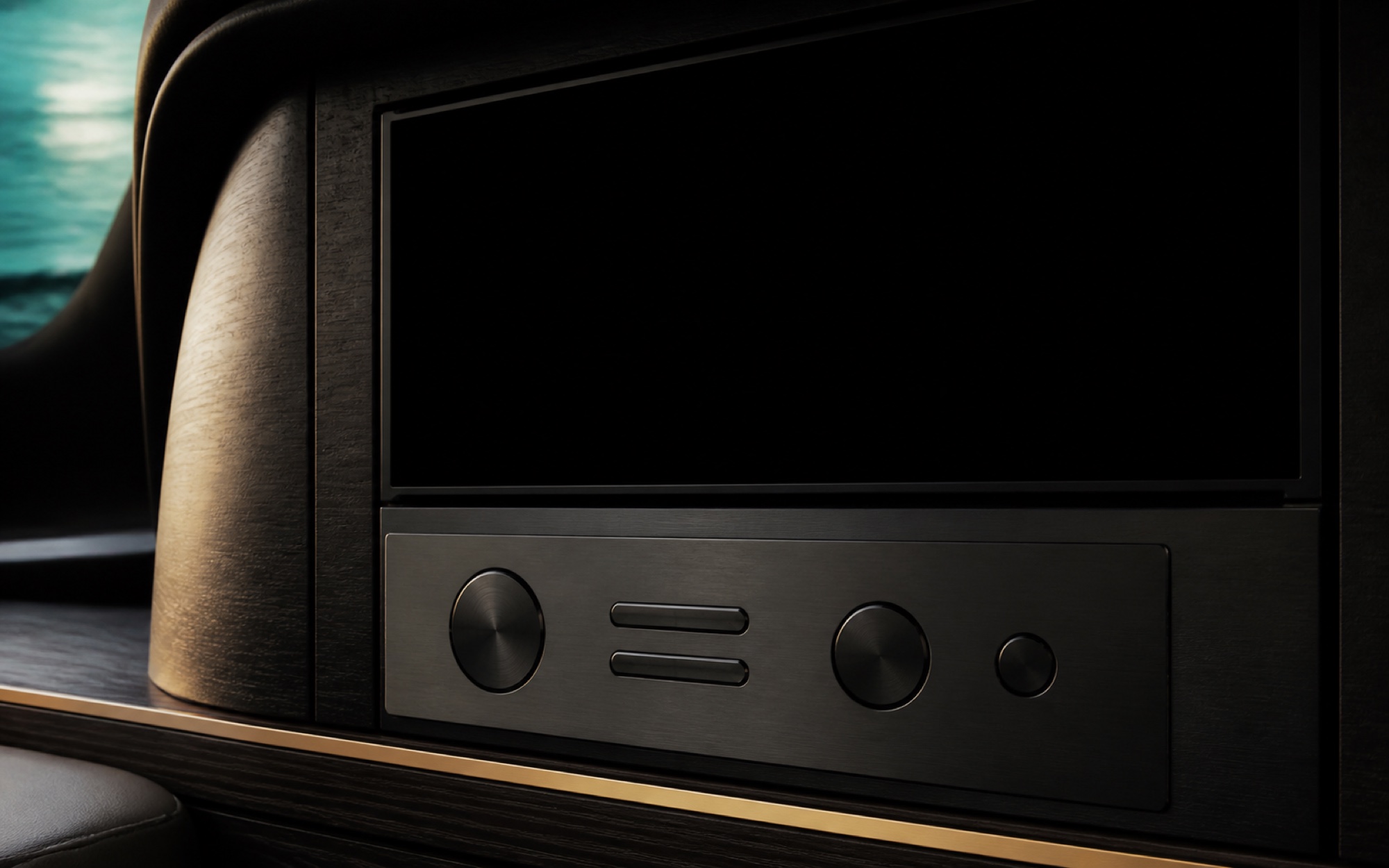 Conceptual blank yacht playback control panel beneath a dark display in marine joinery