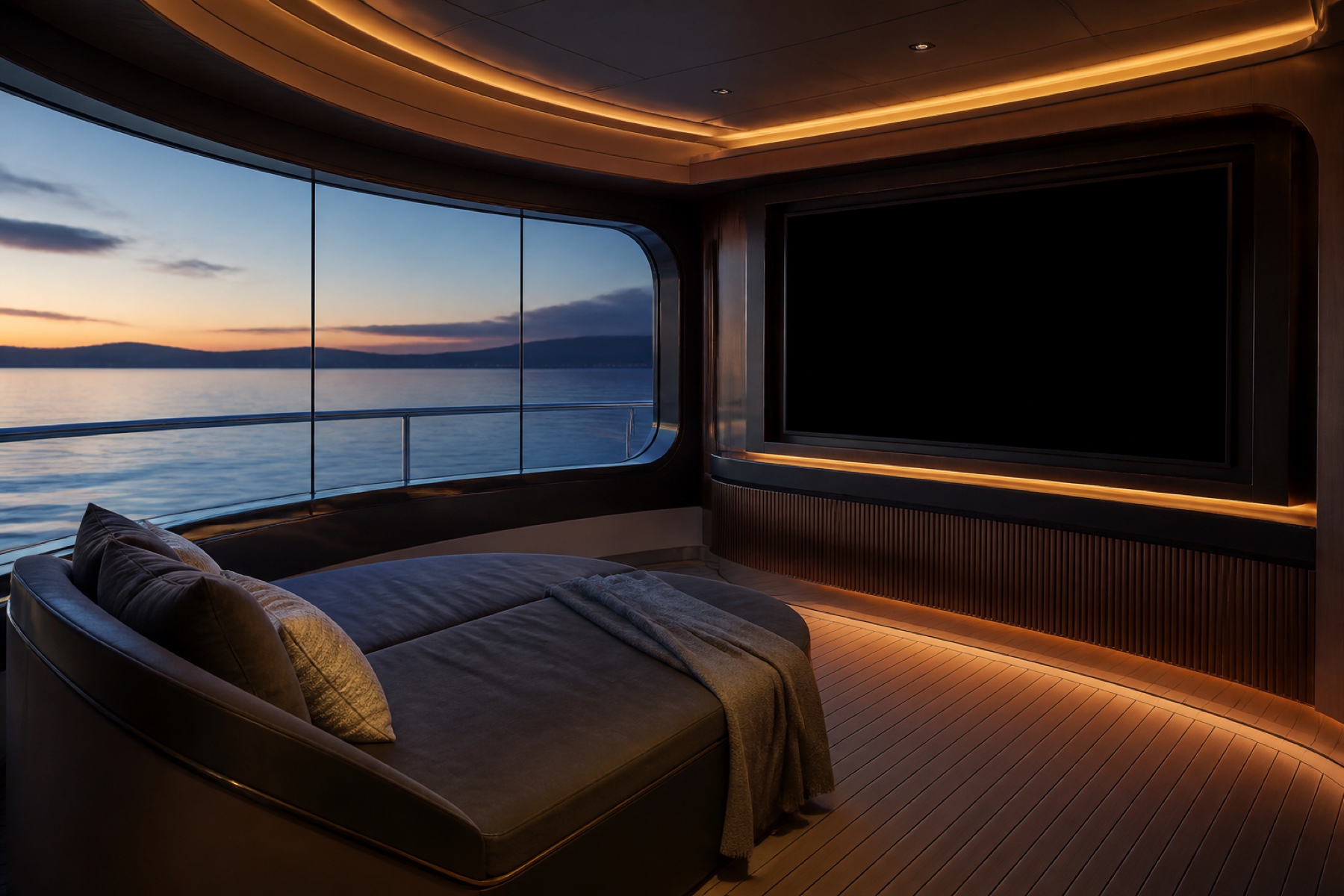 Conceptual yacht owner-suite lounge with a blank cinema display, curved glazing and sea view