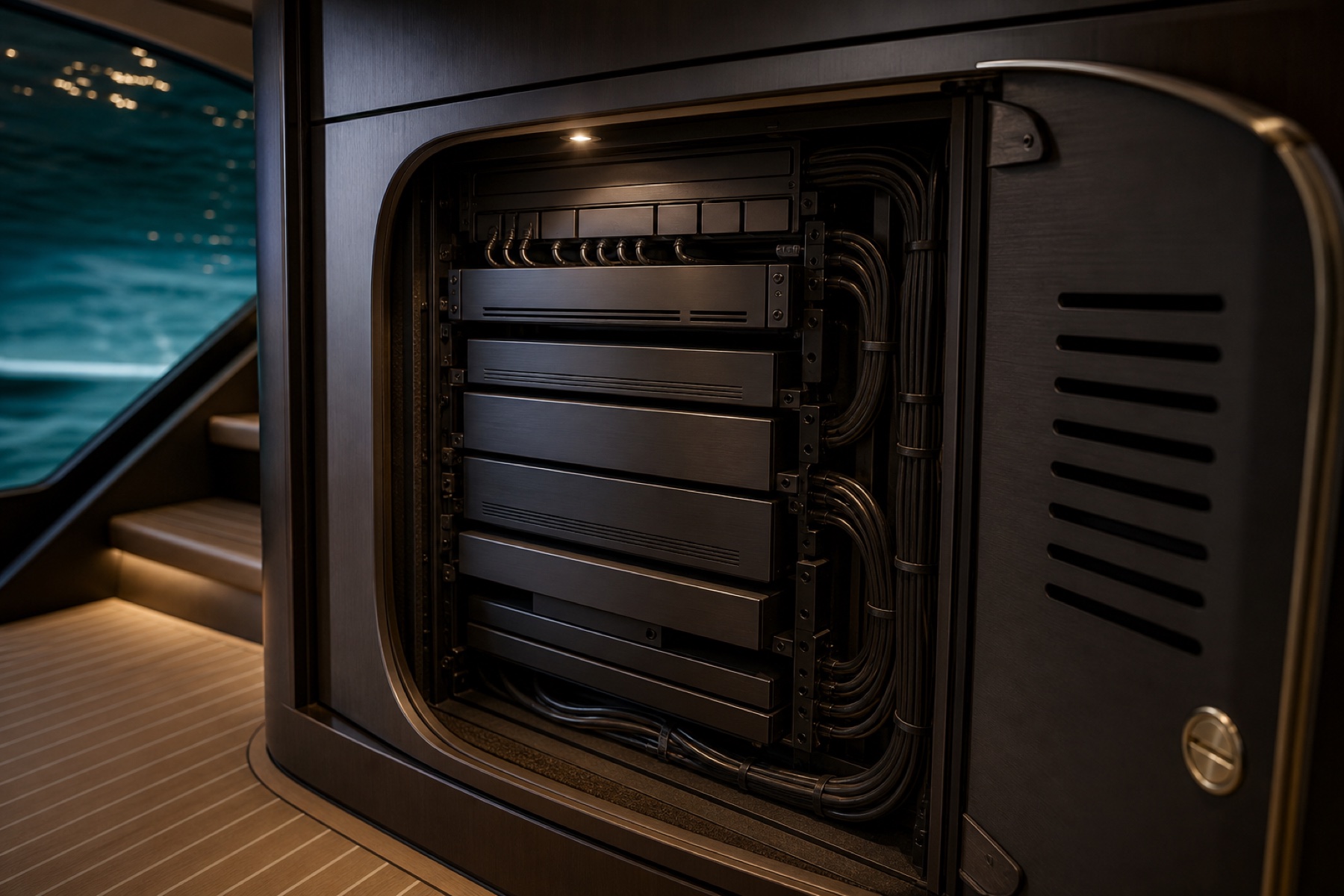 Conceptual yacht AV service cabinet with blank equipment faces and neatly routed cabling