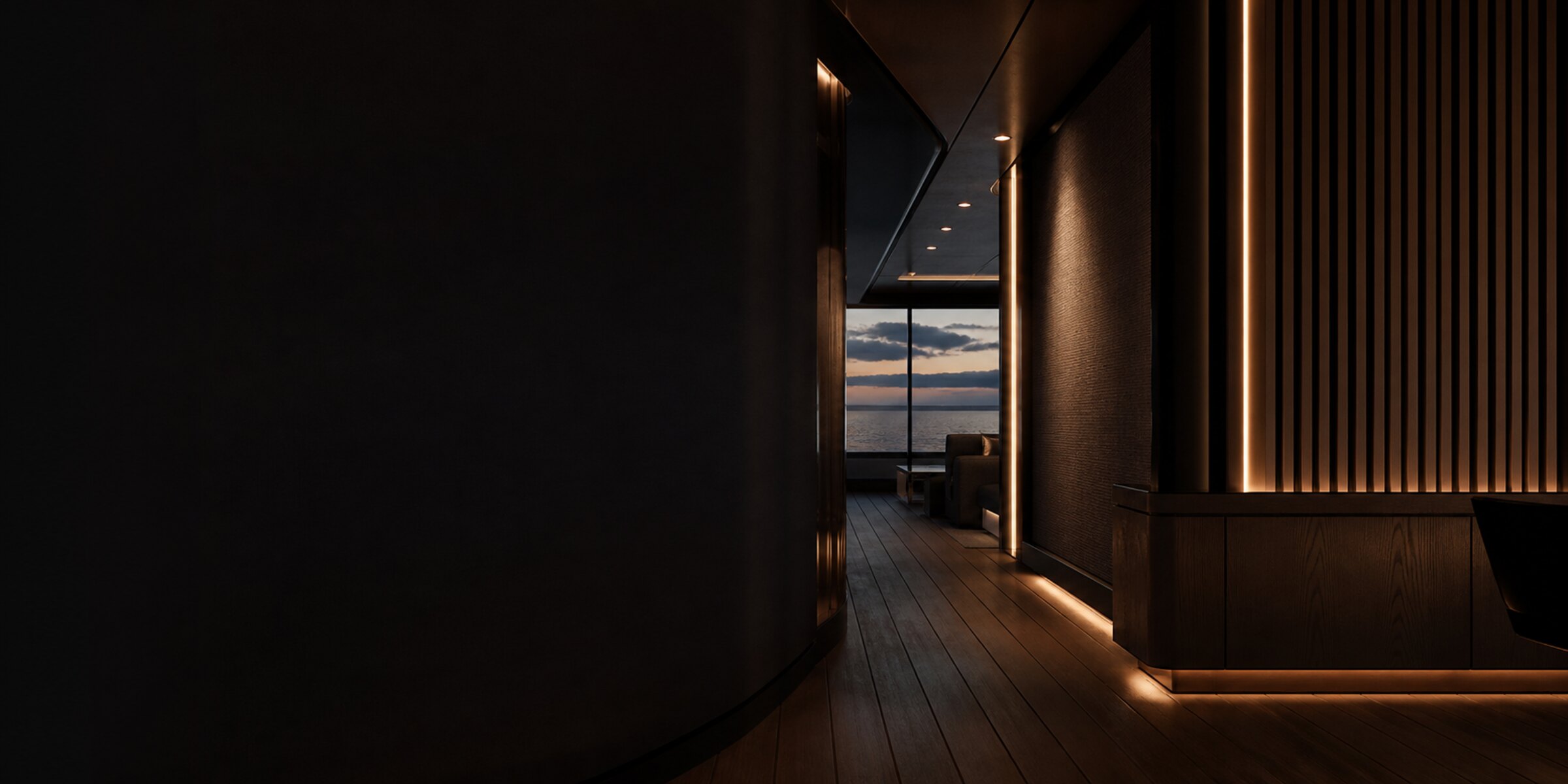 Conceptual passage through a dark yacht interior toward the sea at dusk